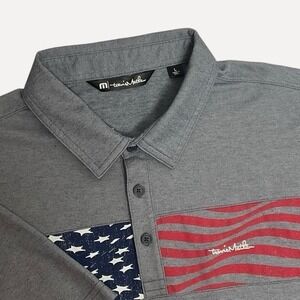 Travis Mathew Men's Short Sleeve Polo Shirt Size Large Gray American Flag Worn1
